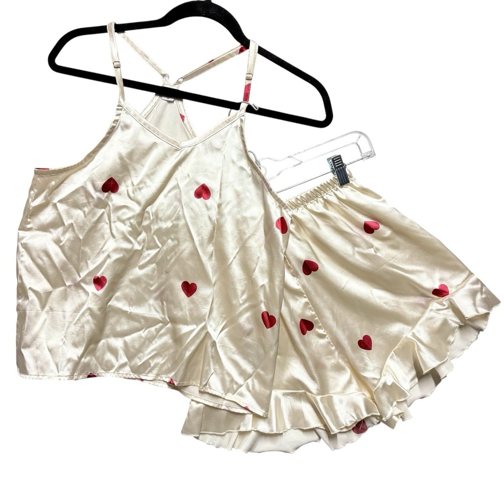 Bella Sleep Spa Satin Pajama Set Womens M Ivory Red Hearts Cami Ruffle Shorts PJ